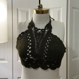NWOT Charlotte Russe S/M Macrame Olive Green Crochet Halter Boho Crop Top